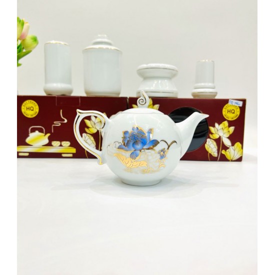 Bộ ấm trà vẽ sen xanh chỉ vàng Bát Tràng quà tân gia AC27P