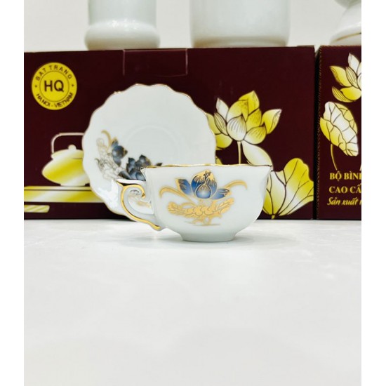 Bộ ấm trà vẽ sen xanh chỉ vàng Bát Tràng quà tân gia AC27P