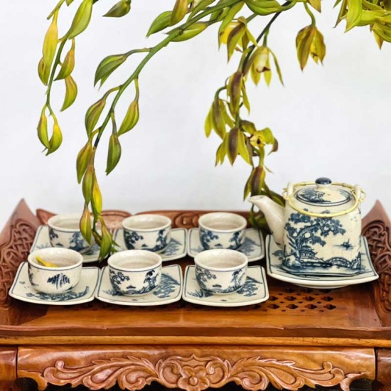 Bộ ấm chén uống trà giá rẻ men rạn vẽ Tùng chùa AC28A Bộ ấm chén uống trà giá rẻ men rạn vẽ Tùng chùa AC28A