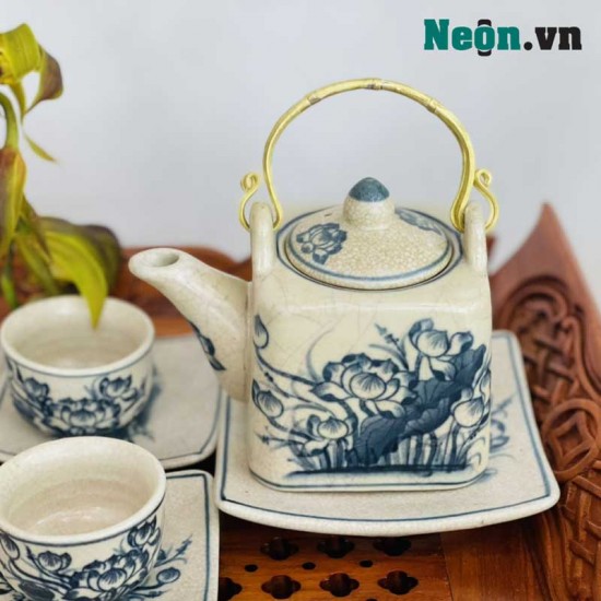 Bộ ấm chén uống trà giá rẻ men rạn vẽ hoa sen AC28B