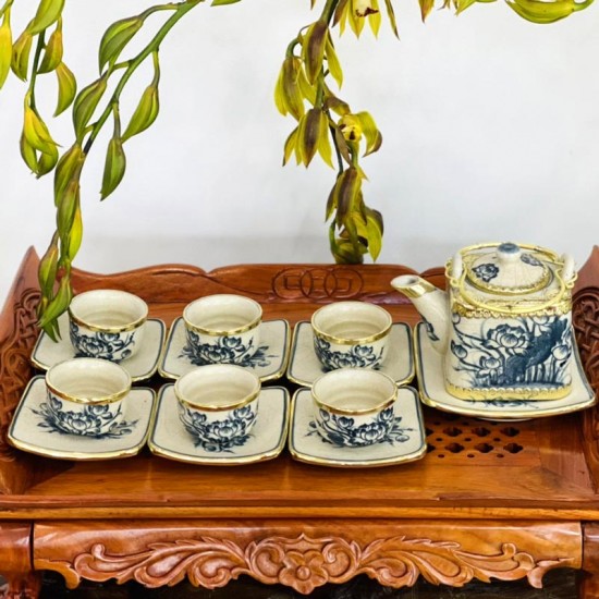 Bộ ấm chén uống trà giá rẻ men rạn bọc đồng vẽ hoa sen AC28C Bộ ấm chén uống trà giá rẻ men rạn bọc đồng vẽ hoa sen AC28C