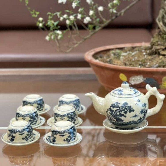 Bộ ấm chén men rạn Bát Tràng vẽ cây tùng AC31