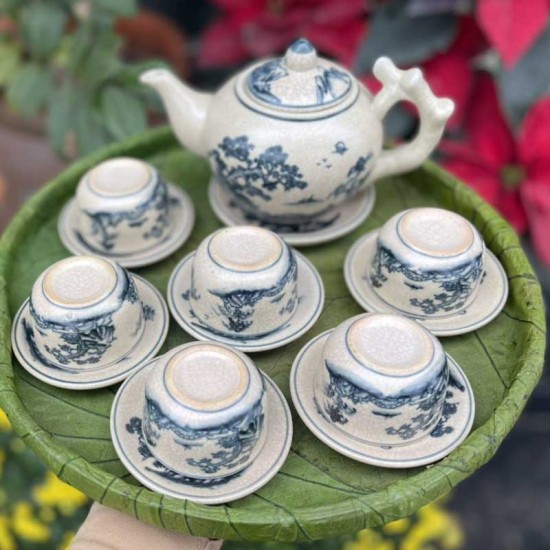 Bộ ấm chén men rạn Bát Tràng vẽ cây tùng AC31