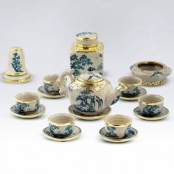 Bộ ấm chén men rạn Bát Tràng vẽ Tùng chùa bọc đồng AC31B