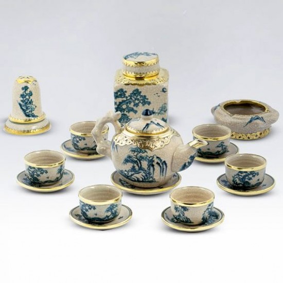 Bộ ấm chén men rạn Bát Tràng vẽ Tùng chùa bọc đồng AC31B