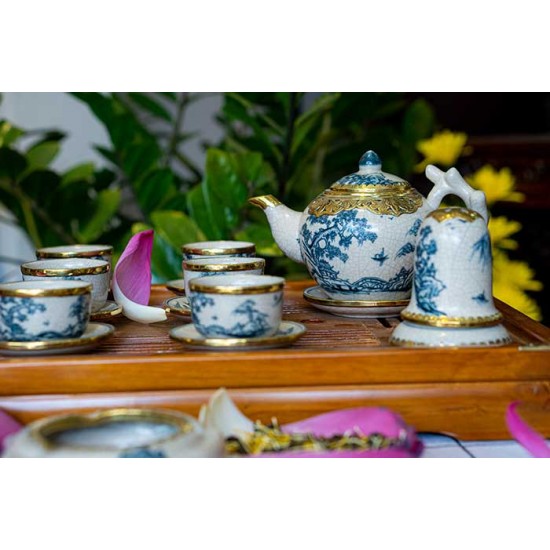 Bộ ấm chén men rạn Bát Tràng vẽ Tùng chùa bọc đồng AC31B