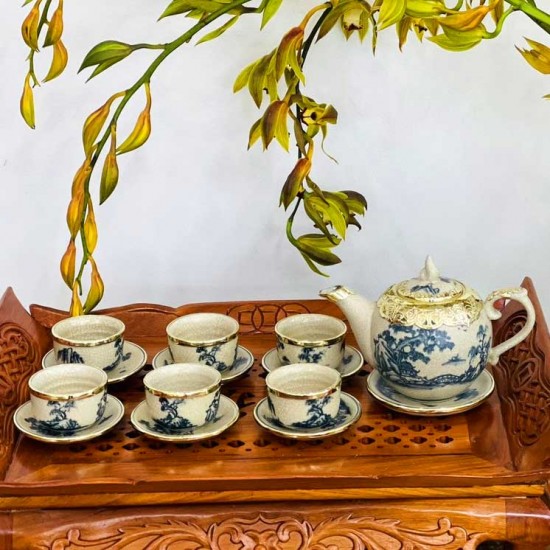 Bộ ấm chén men rạn Bát Tràng vẽ Tùng chùa bọc đồng AC38