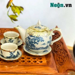 Bộ ấm chén men rạn Bát Tràng vẽ Tùng chùa bọc đồng AC38