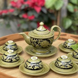 Ấm chén pha trà Bát Tràng dáng lư đèn sen nổi AC32A