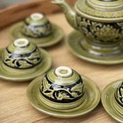 Ấm chén pha trà Bát Tràng dáng lư đèn sen nổi AC32A