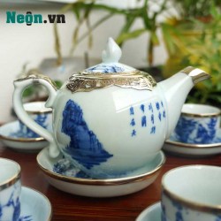 Bộ ấm chén bọc đồng Bát Tràng Trúc Lâm Thất Hiền men lam AC33C