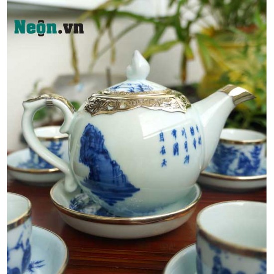 Bộ ấm chén bọc đồng Bát Tràng Trúc Lâm Thất Hiền men lam AC33C