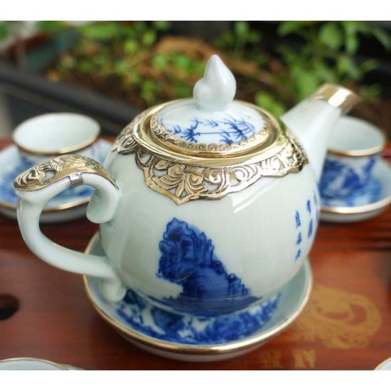 Bộ ấm chén bọc đồng Bát Tràng Trúc Lâm Thất Hiền men lam AC33C