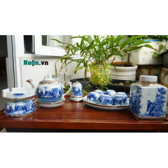 Bộ ấm chén bọc đồng Bát Tràng Trúc Lâm Thất Hiền men lam AC33C