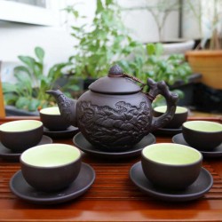 Ấm chén gốm tử sa Bát Tràng họa tiết nổi hoa châm đỏ AC34