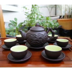 Ấm chén gốm tử sa Bát Tràng họa tiết nổi hoa châm đỏ AC34 Ấm chén gốm tử sa Bát Tràng họa tiết nổi hoa châm đỏ AC34