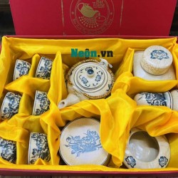 Bộ ấm chén men rạn Bát Tràng vẽ sen AC36