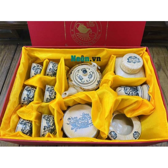 Bộ ấm chén men rạn Bát Tràng vẽ sen AC36