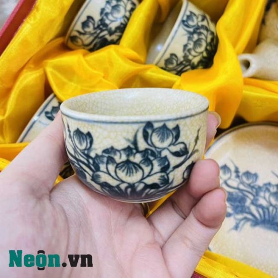 Bộ ấm chén men rạn Bát Tràng vẽ sen AC36