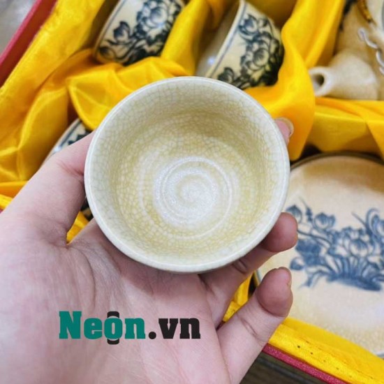 Bộ ấm chén men rạn Bát Tràng vẽ sen AC36