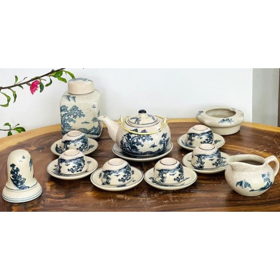 Bộ ấm chén men rạn Bát Tràng vẽ cảnh tùng chùa AC36A