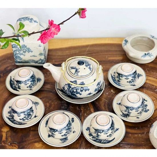 Bộ ấm chén men rạn Bát Tràng vẽ cảnh tùng chùa AC36A