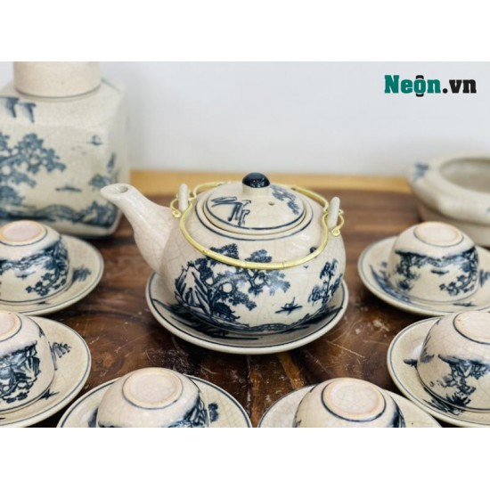 Bộ ấm chén men rạn Bát Tràng vẽ cảnh tùng chùa AC36A