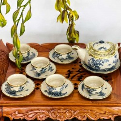 Bộ ấm chén Bát Tràng bọc đồng vẽ cảnh tùng chùa AC36B Bộ ấm chén Bát Tràng bọc đồng vẽ cảnh tùng chùa AC36B