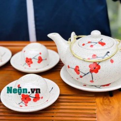 Bộ ấm chén Bát Tràng hoa đào men tiêu AC37