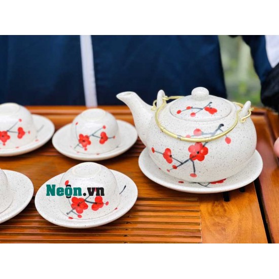 Bộ ấm chén Bát Tràng hoa đào men tiêu AC37