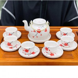 Bộ ấm chén Bát Tràng hoa đào men tiêu nắp lõm AC37A
