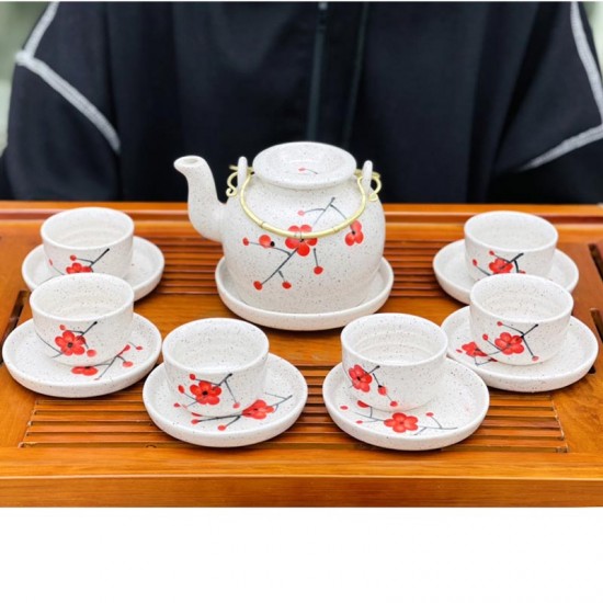 Bộ ấm chén Bát Tràng hoa đào men tiêu nắp lõm AC37A
