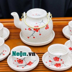 Bộ ấm chén Bát Tràng hoa đào men tiêu nắp lõm AC37A