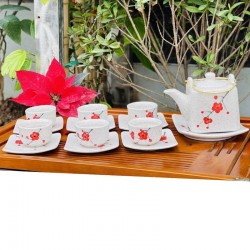 Bộ ấm chén Bát Tràng hoa đào men tiêu ấm vuông AC37B