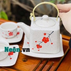 Bộ ấm chén Bát Tràng hoa đào men tiêu ấm vuông AC37B