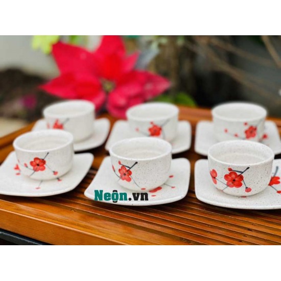 Bộ ấm chén Bát Tràng hoa đào men tiêu ấm vuông AC37B