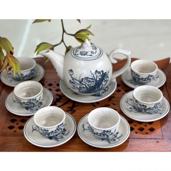 Bộ ấm chén men rạn Bát Tràng vẽ hoa sen AC38A