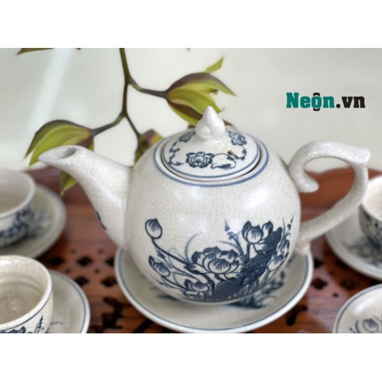Bộ ấm chén men rạn Bát Tràng vẽ hoa sen AC38A