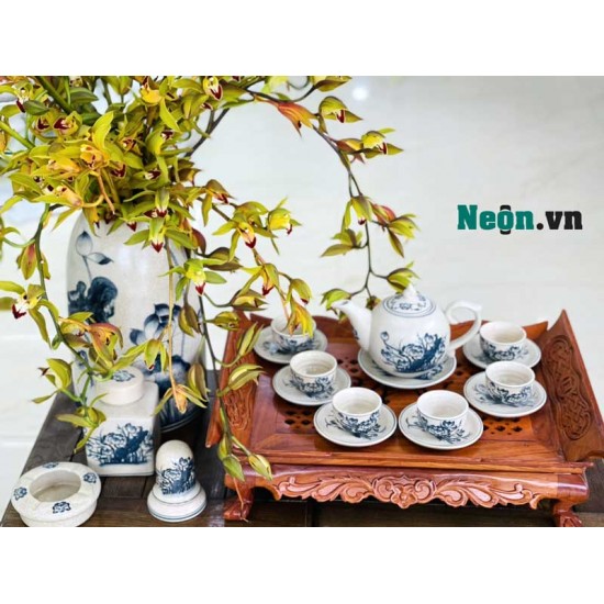 Bộ ấm chén men rạn Bát Tràng vẽ hoa sen AC38A