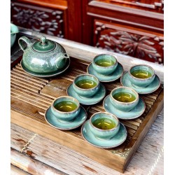 Bộ ấm chén xanh ngọc men hỏa biến Bát Tràng AC68
