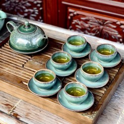 Bộ ấm chén xanh ngọc men hỏa biến Bát Tràng AC68