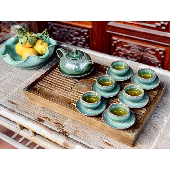 Bộ ấm chén xanh ngọc men hỏa biến Bát Tràng AC68