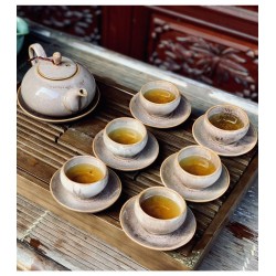Bộ ấm chén nâu sáng men hỏa biến Bát Tràng AC68A