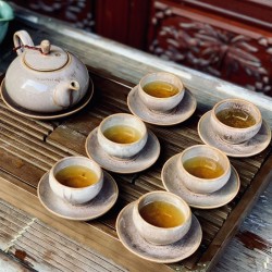 Bộ ấm chén nâu sáng men hỏa biến Bát Tràng AC68A