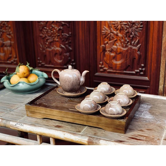 Bộ ấm chén nâu sáng men hỏa biến Bát Tràng AC81