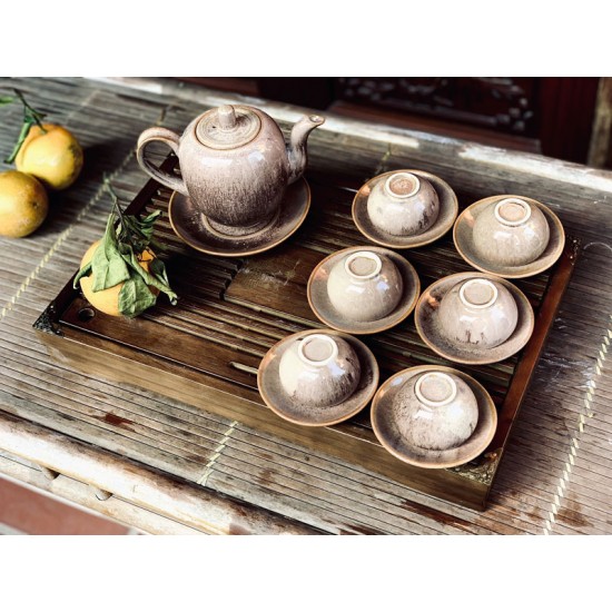 Bộ ấm chén nâu sáng men hỏa biến Bát Tràng AC81