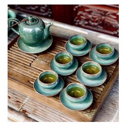 Bộ ấm chén xanh ngọc men hỏa biến Bát Tràng AC81A