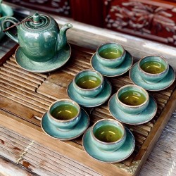 Bộ ấm chén xanh ngọc men hỏa biến Bát Tràng AC81A
