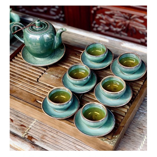 Bộ ấm chén xanh ngọc men hỏa biến Bát Tràng AC81A