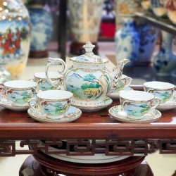 Bộ ấm chén cao cấp phú quý sơn thủy bổ khung vẽ màu AC27H